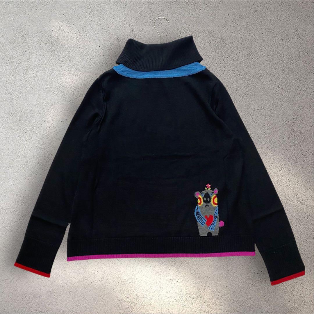 美品✨アルベロベロ　黒　ニット　ハイネック　ぶたさん　フクロウ　ビーズ装飾