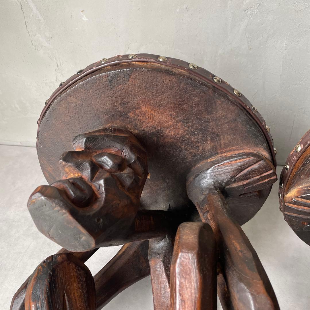 木製　木彫り　アフリカ　スツール　ガーゴイル　丸椅子　ヴィンテージ　民芸