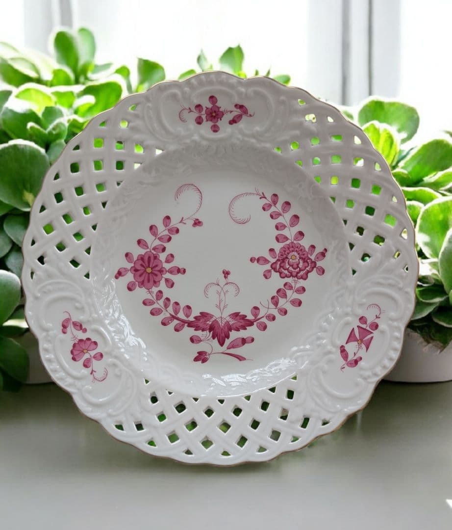 【マイセン】インドの華リッチピンク金彩透かしプレート18.5cm