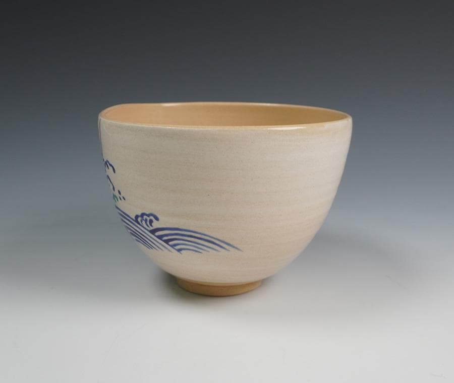 今岡妙見 野々村仁清写 浪に新月茶碗 共箱 茶道具