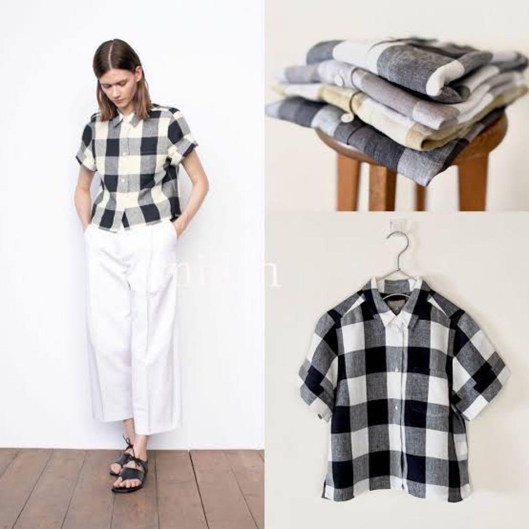 マーガレットハウエル 半袖 リネンシャツ Iサイズ 麻100% チェック柄　白黒