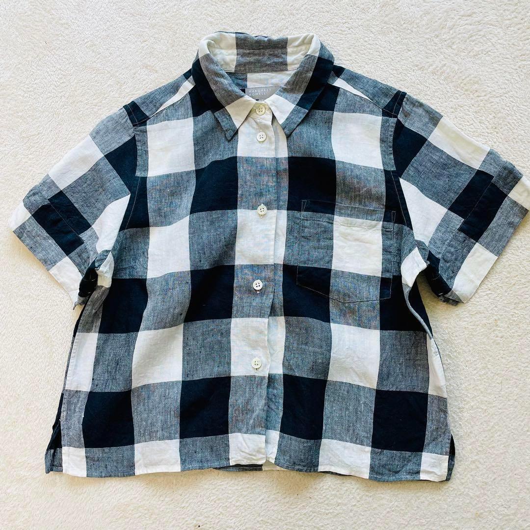 マーガレットハウエル 半袖 リネンシャツ Iサイズ 麻100% チェック柄　白黒