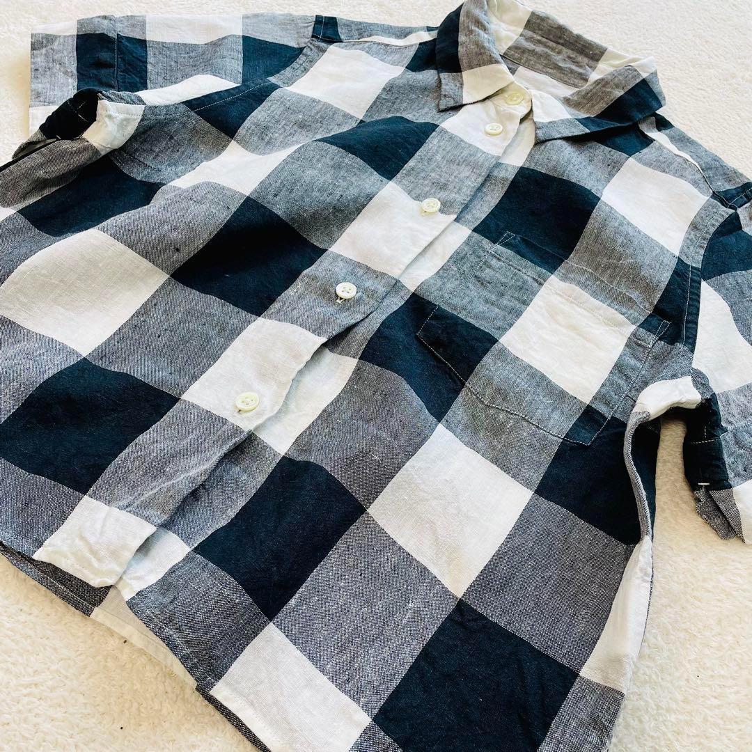 マーガレットハウエル 半袖 リネンシャツ Iサイズ 麻100% チェック柄　白黒