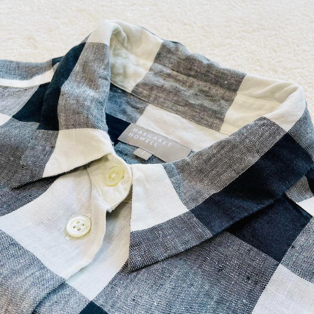 マーガレットハウエル 半袖 リネンシャツ Iサイズ 麻100% チェック柄　白黒