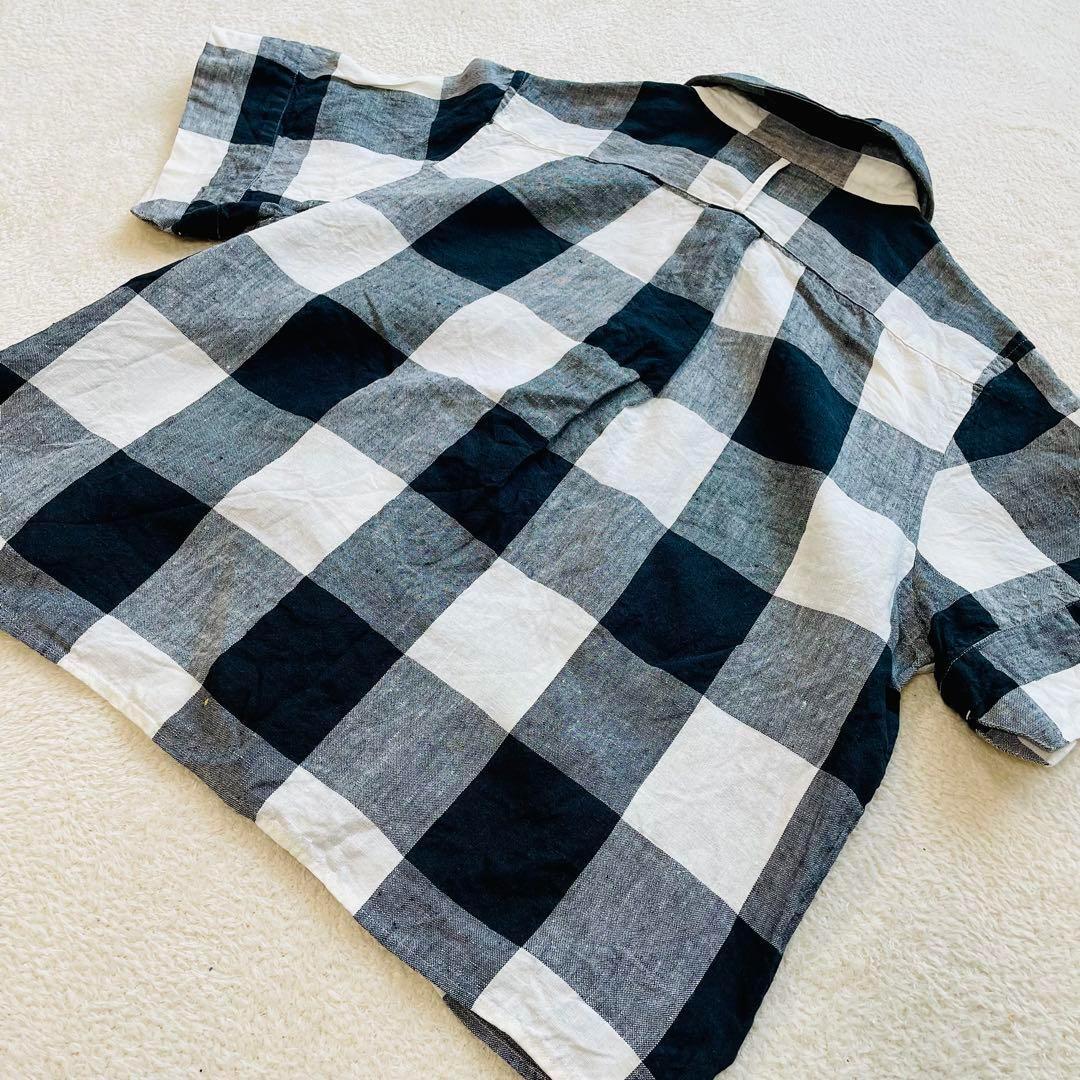 マーガレットハウエル 半袖 リネンシャツ Iサイズ 麻100% チェック柄　白黒