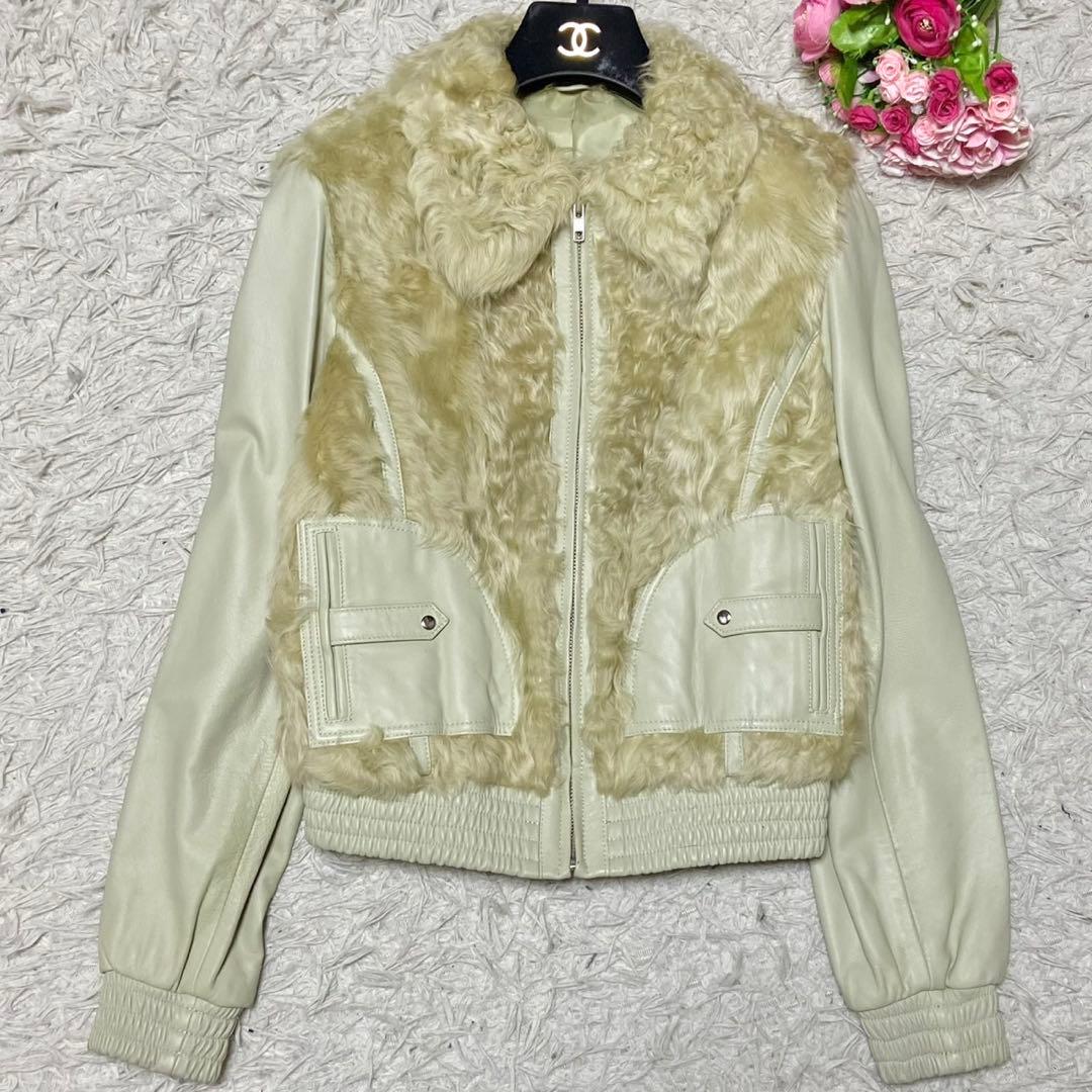 【美品】レザー×毛皮 ジャケット ラムファー アイボリー サイズL