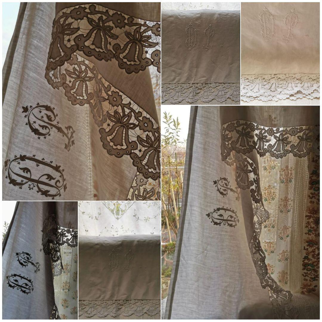 アンティーク イニシャル刺繍ＤＰ ベル風スカラップ花トリム ロングクロスカーテン
