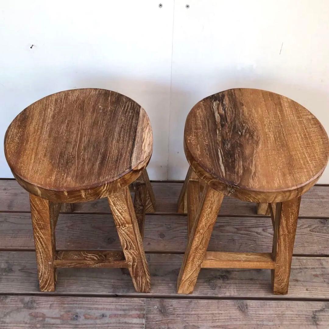 2脚セット オールドチーク材のスツール 無垢材 腰掛け 椅子 ラウンドスツール