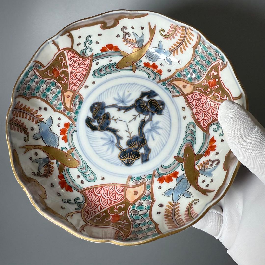 豪商旧蔵品　明治期　色絵鯉千鳥文膾皿　金蘭手　二十客　上手　金鯉　松竹梅　青海波