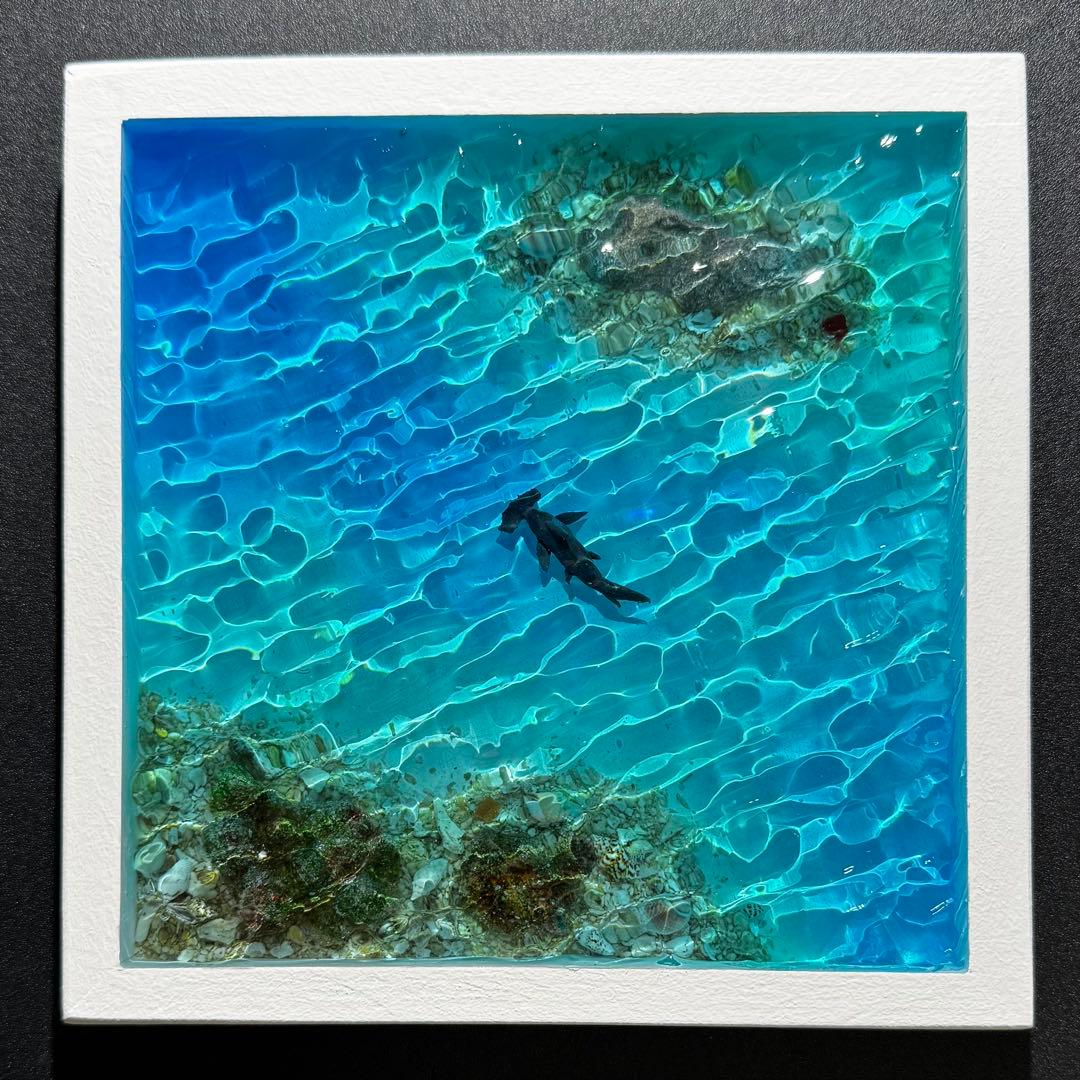 ハンマーヘッドシャーク 海 レジンアート 20x20cm サンゴ礁 ハンドメイド