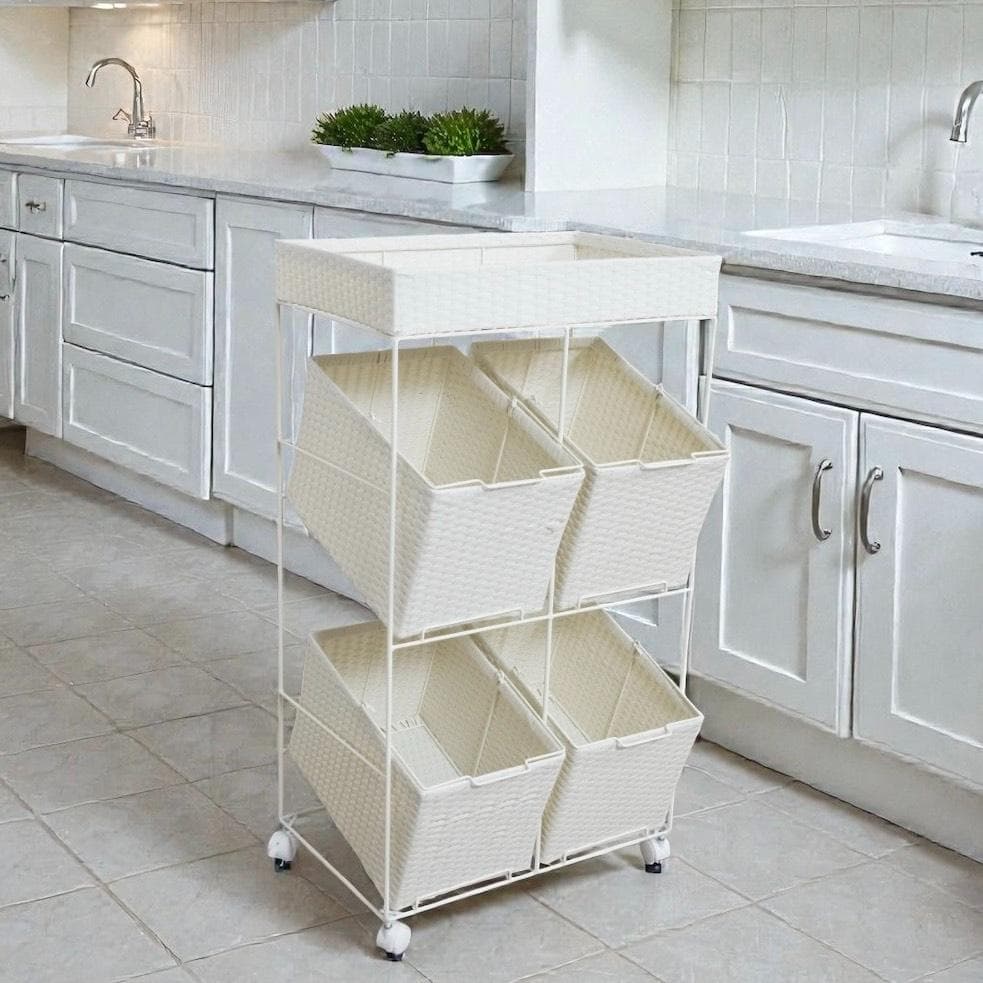 【新品】ワイド　ランドリーチェスト　ワゴン　バスケット4個　アウトレット