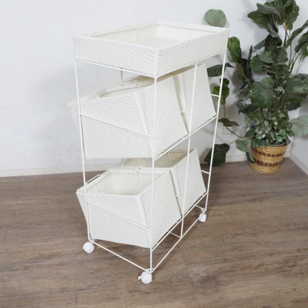 【新品】ワイド　ランドリーチェスト　ワゴン　バスケット4個　アウトレット