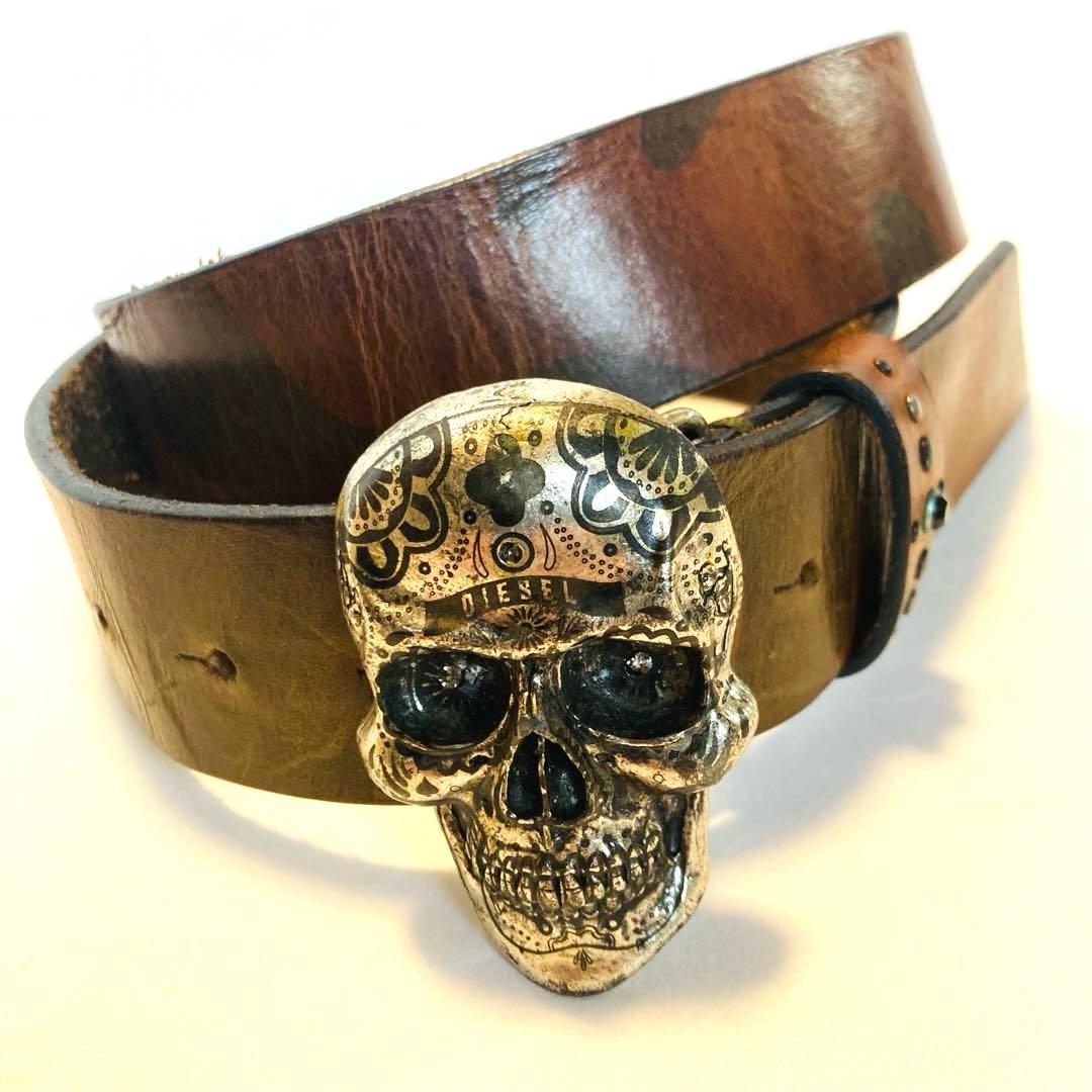 DIESEL 牛革 スカルバックル レザーベルト イタリア製 カウレザー ドクロ