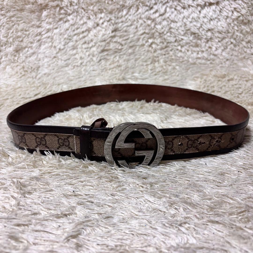 【美品】グッチ ベルト ベージュ ブラウン インターロッキング キャンバス