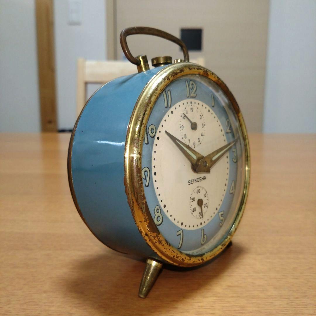 ◆昭和レトロ◆時代物◆ビンテージ◆精工舎◆目覚まし時計◆ゼンマイ式◆水色と金色