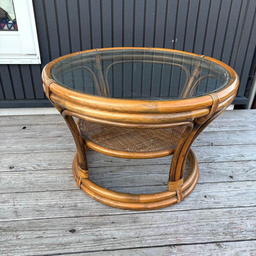 昭和レトロ ラタン ガラステーブル 丸テーブル ラウンドテーブル 籐家具 古家具