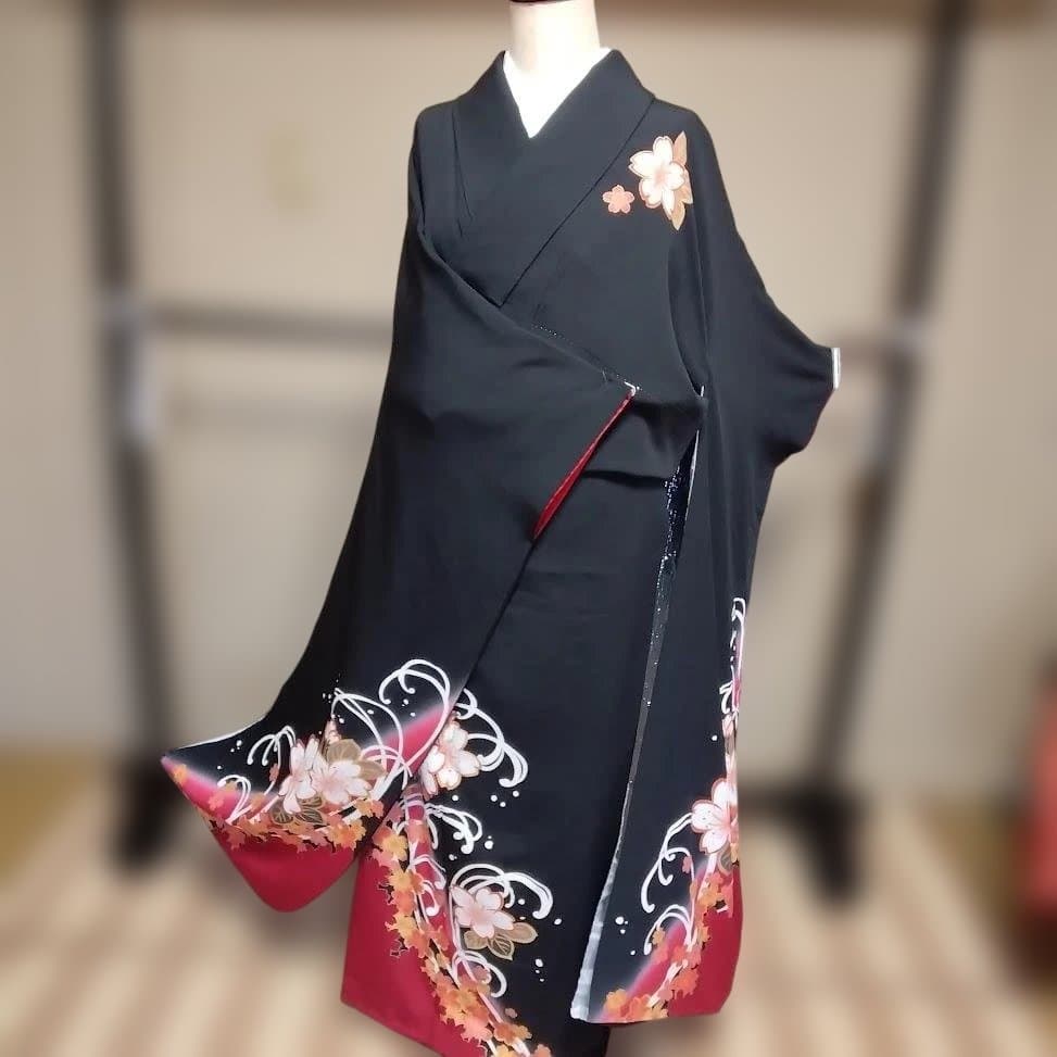 正絹　振り袖　黒地にさくら柄　トールサイズ