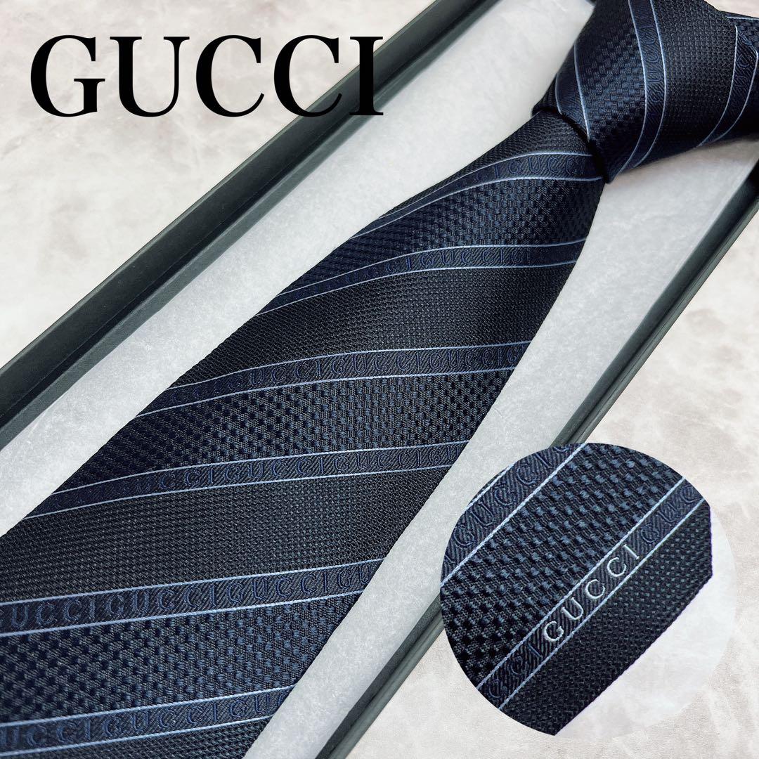 極美品✨ GUCCI ネクタイ ロゴ ストライプ ジャガード ネイビー 現行