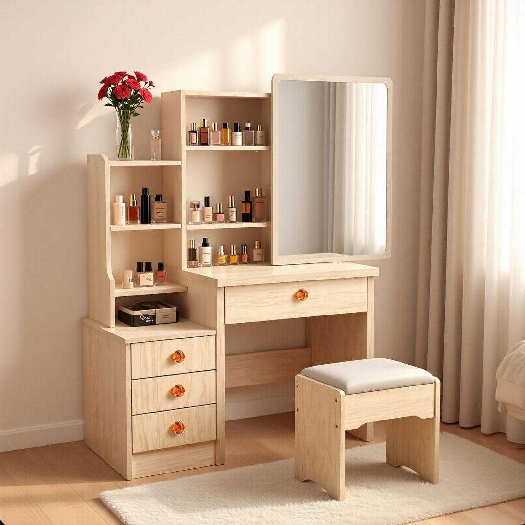 ドレッサー 鏡台 姫系 可愛い 化粧台 大容量収納 メイク台 スツール オーク色