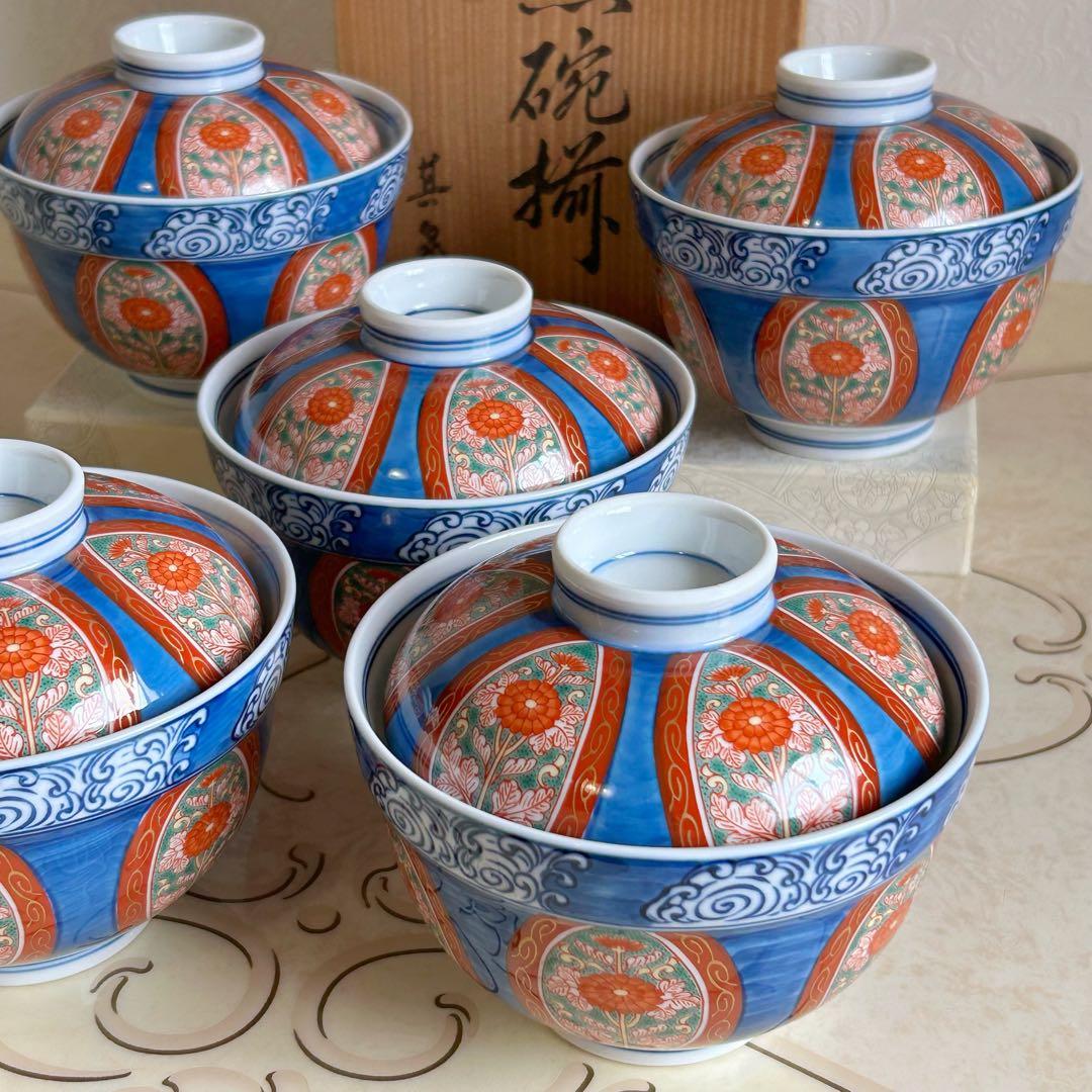 有田焼　賞美堂　其泉窯　蓋付き丼ぶり揃　5客セット　金彩古伊万里　雑煮碗　正月