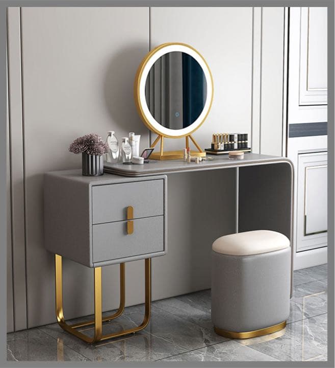 イタリア式高級ドレッサー グレー　スツールチェストLEDミラー付き 4点セット