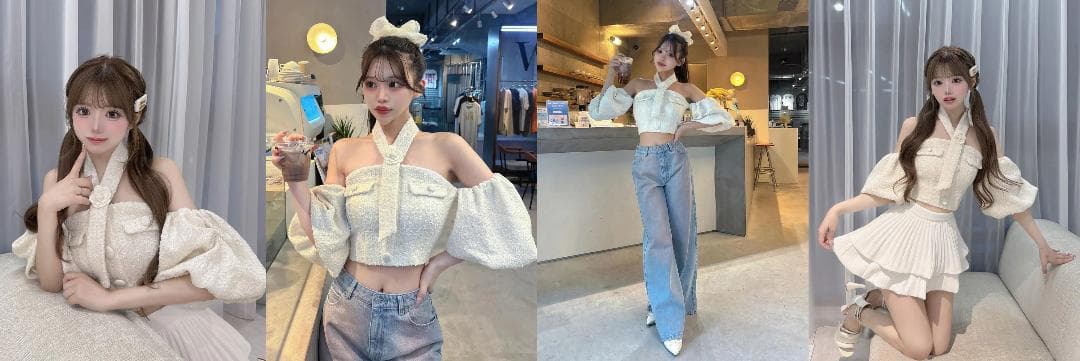 ダーリッチ darich ホルターネックオフショルツイードトップス サックス