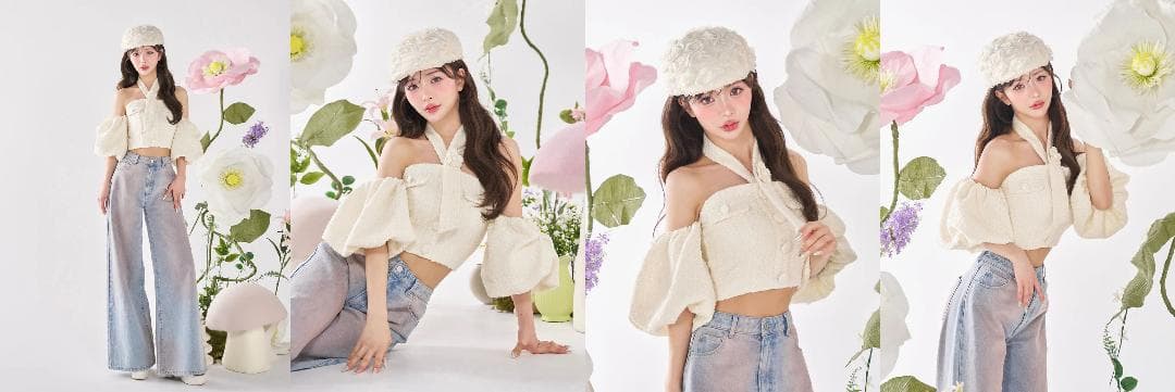 ダーリッチ darich ホルターネックオフショルツイードトップス サックス