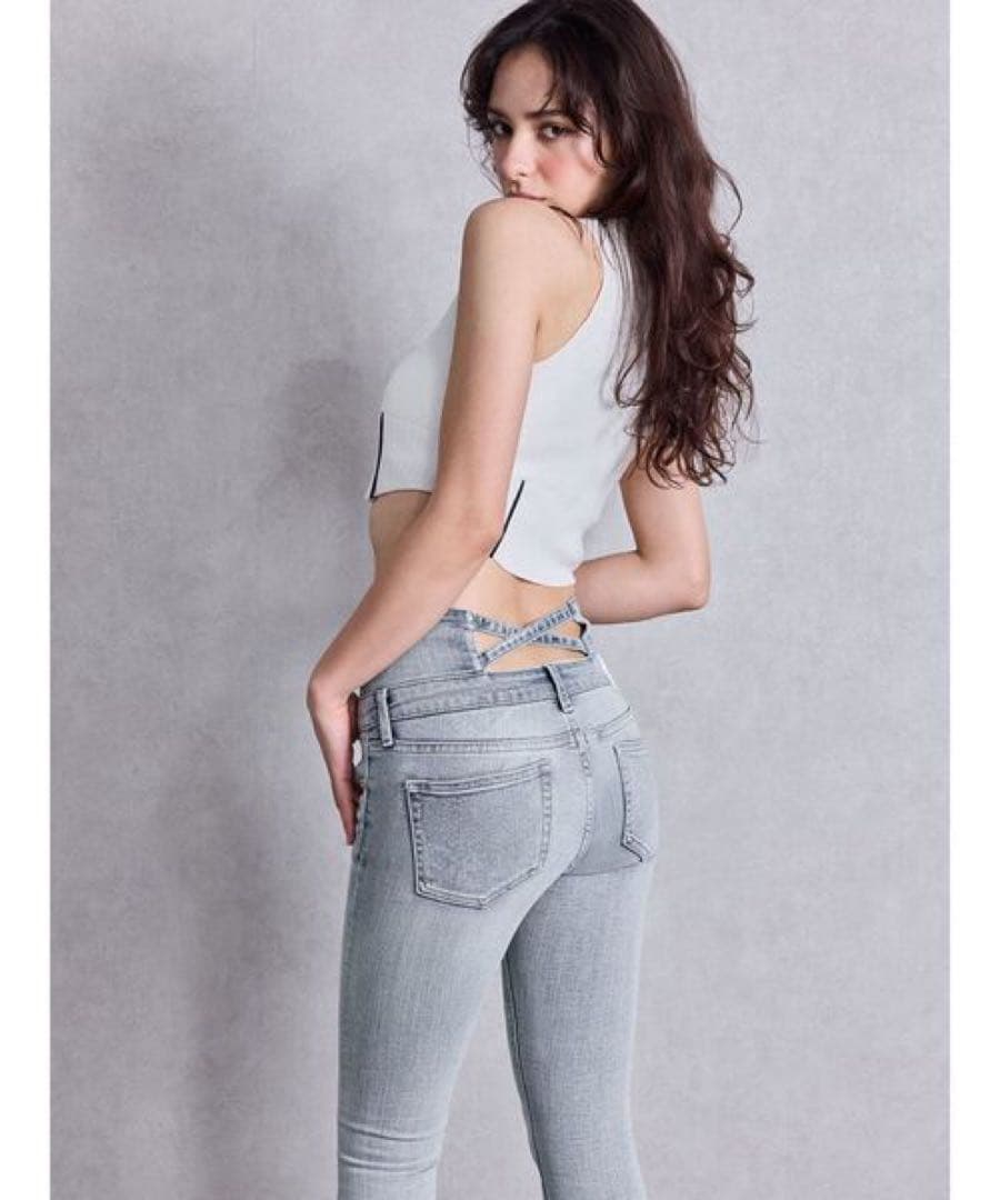 ハイウエストウエストクロススキニーデニムパンツライトグレーGYDA