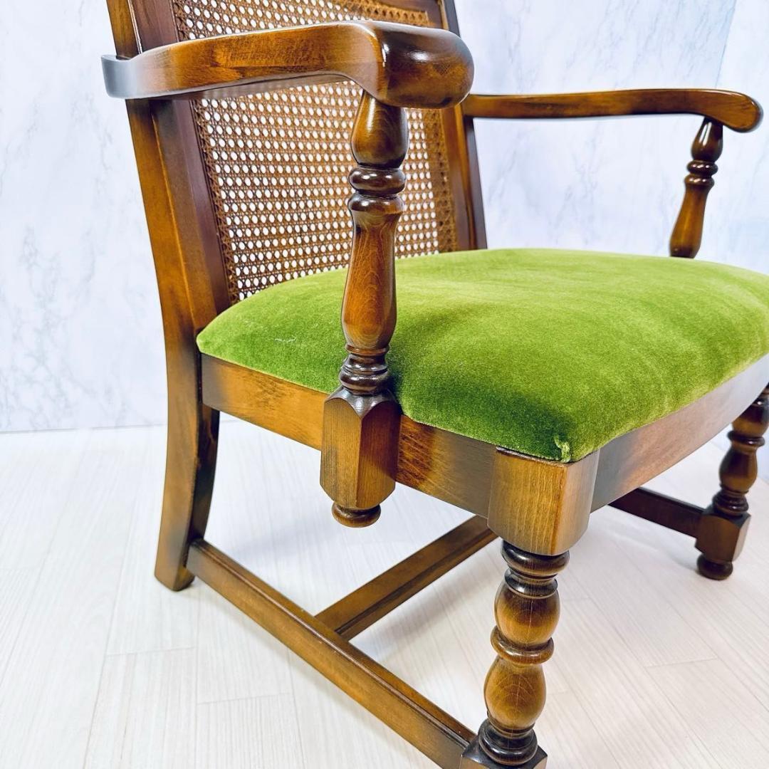 美品 オールド カリモク アンティーク ラタンチェア モケットグリーン 希少
