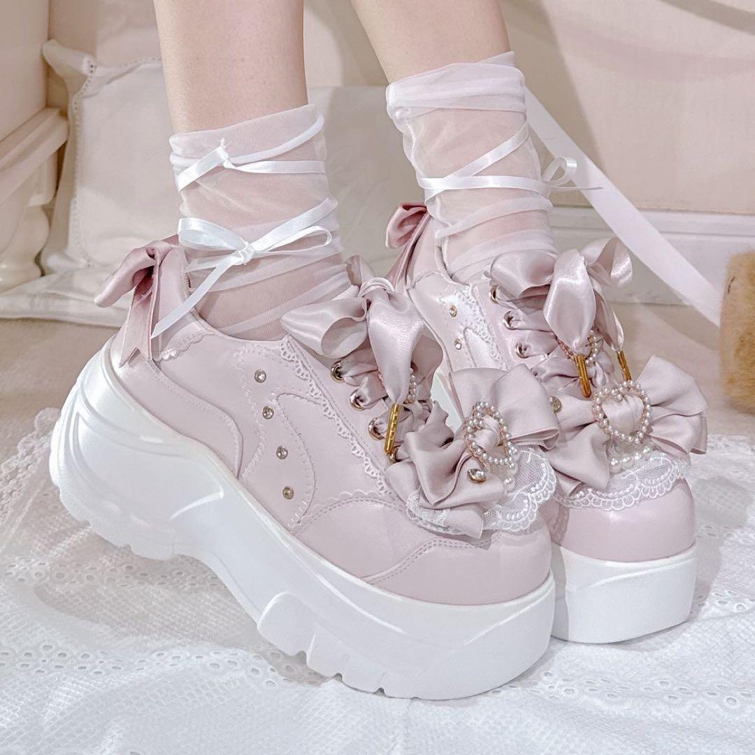 ゴスロリ 厚底スニーカー リボン シューズ 靴 Lolita 地雷系 ピンク