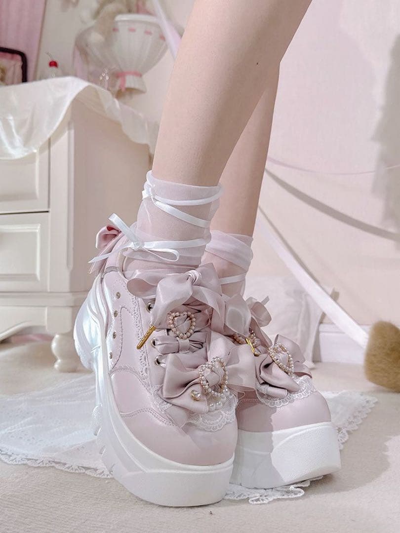 ゴスロリ 厚底スニーカー リボン シューズ 靴 Lolita 地雷系 ピンク