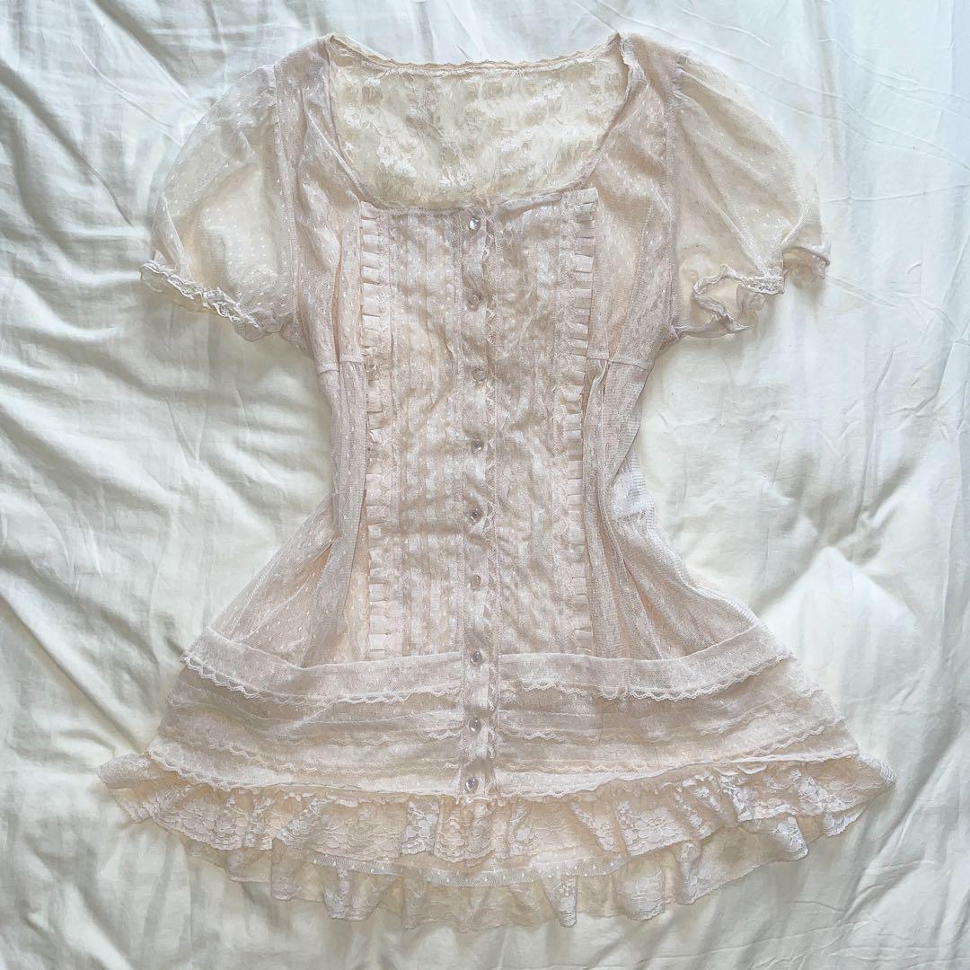 00s 希少 axes femme 総レースビスチェ風パフフリルブラウス 姫カジ