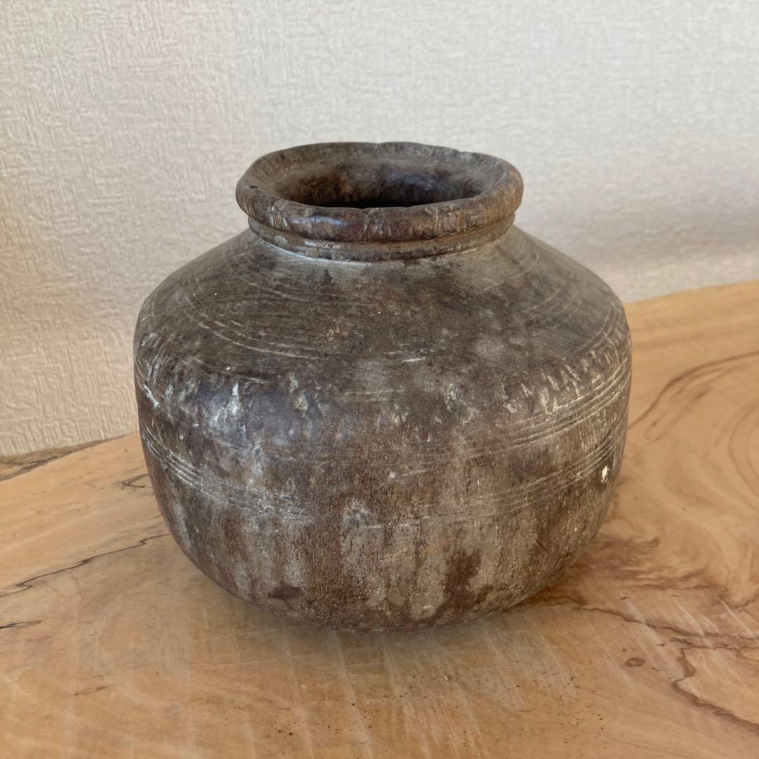 インド　木製のポットB　木工品　古道具坂田　古物　骨董　フラワーベース　花瓶