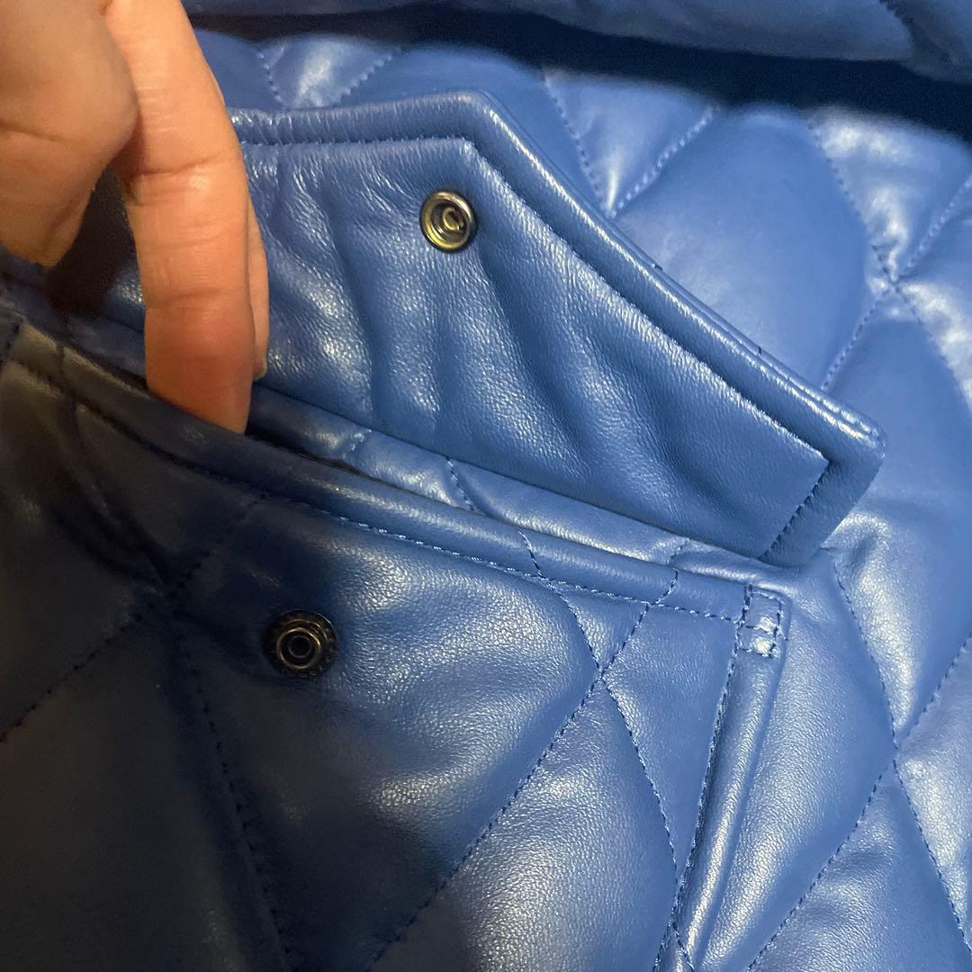 ゆうぽむぷりん高級本革 羊革 青　レザー キルティング ダイヤ ジャケット