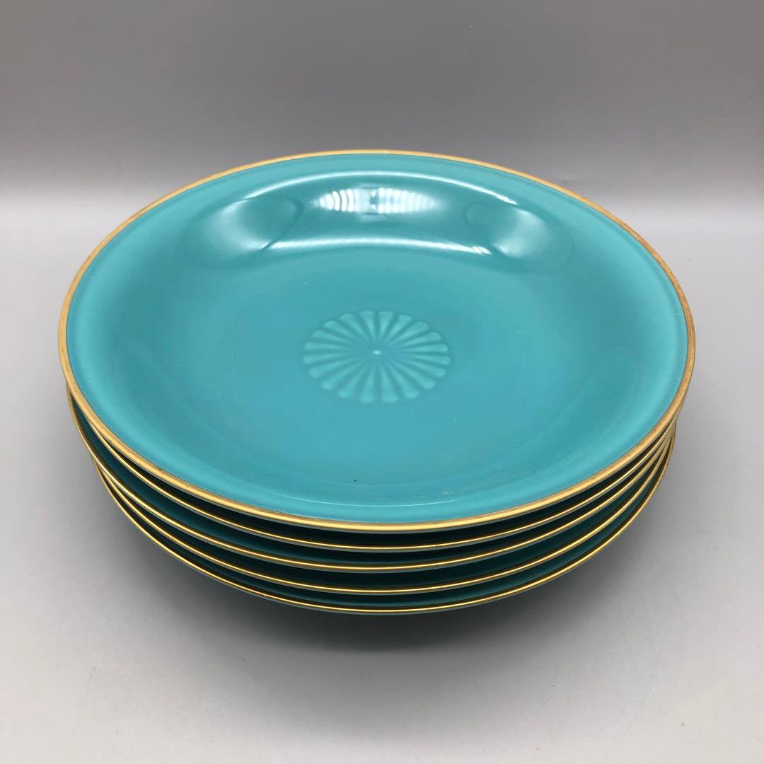 新品未使用美濃焼幸泉窯菊紋金彩エメラルドグリーン皿19.5cmプレート5枚