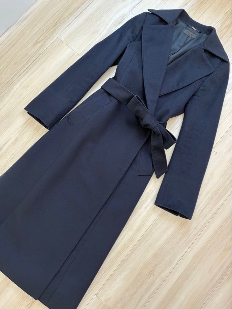 美品ICBアイシービー カシミア100%ガウンコート着丈116cmネイビー