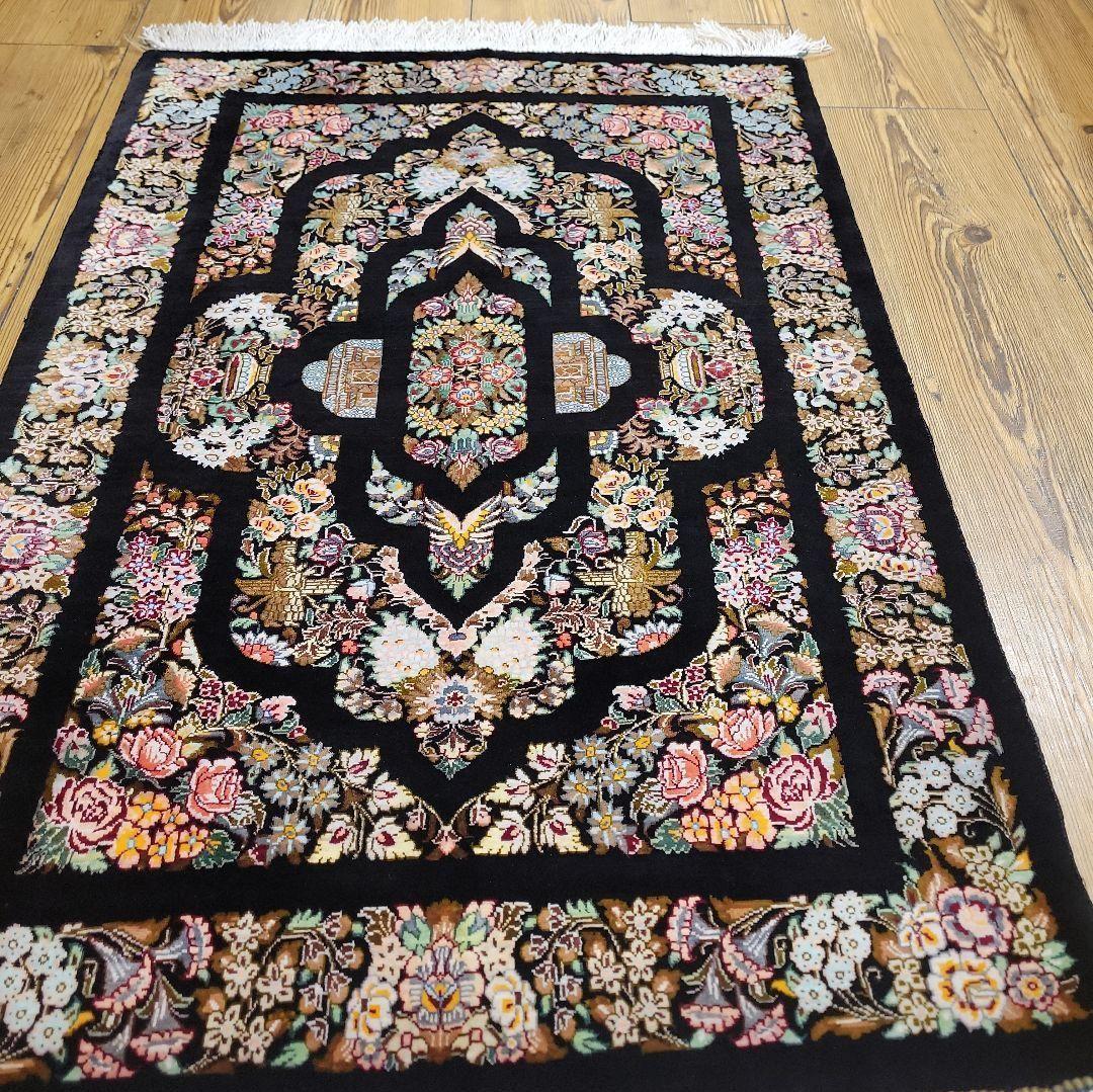 87x58cmペルシャシルクマット(010)クム産・絨毯・ラグ・カーペット・絹