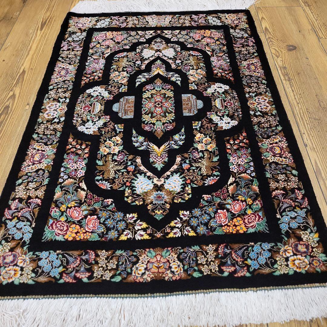 87x58cmペルシャシルクマット(010)クム産・絨毯・ラグ・カーペット・絹