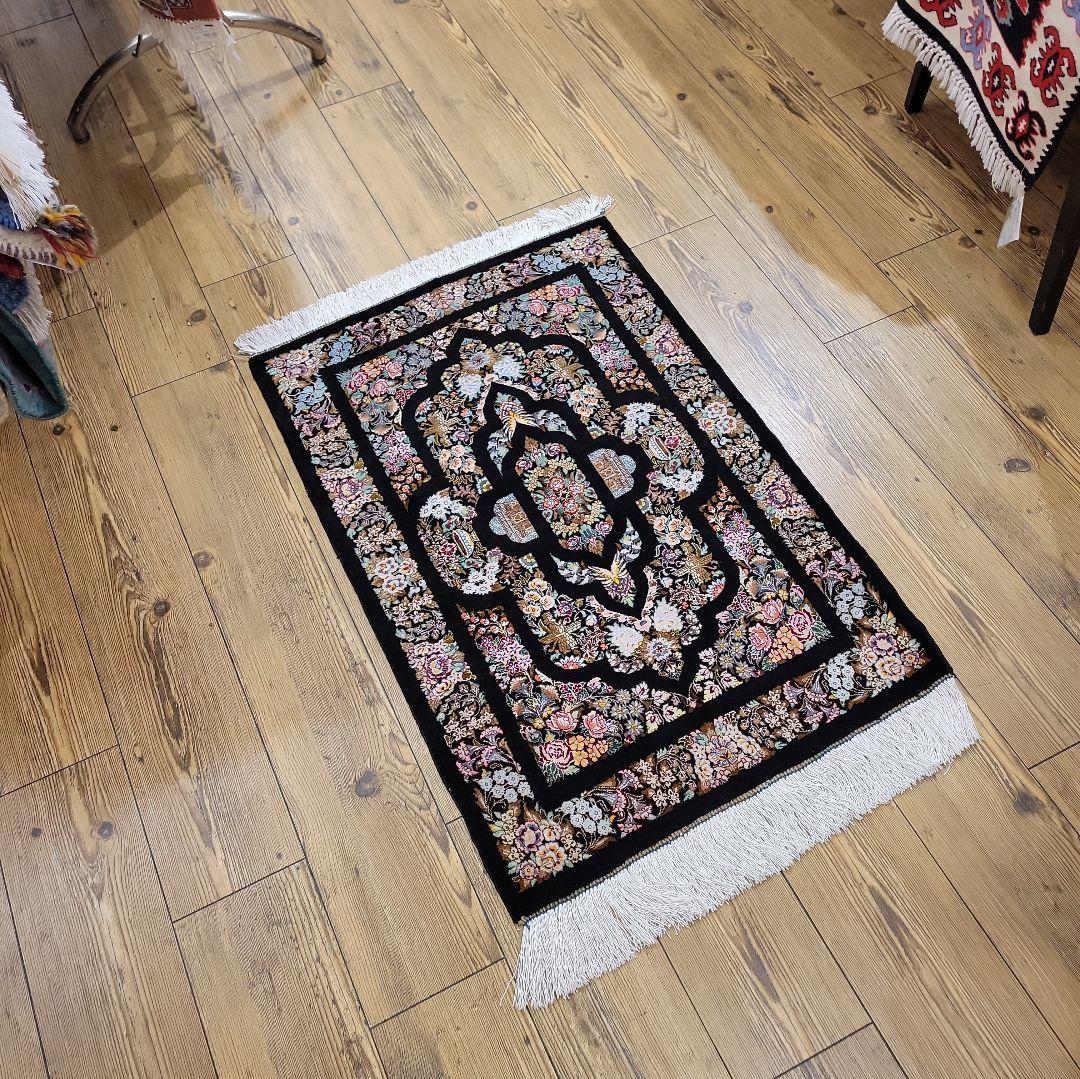 87x58cmペルシャシルクマット(010)クム産・絨毯・ラグ・カーペット・絹