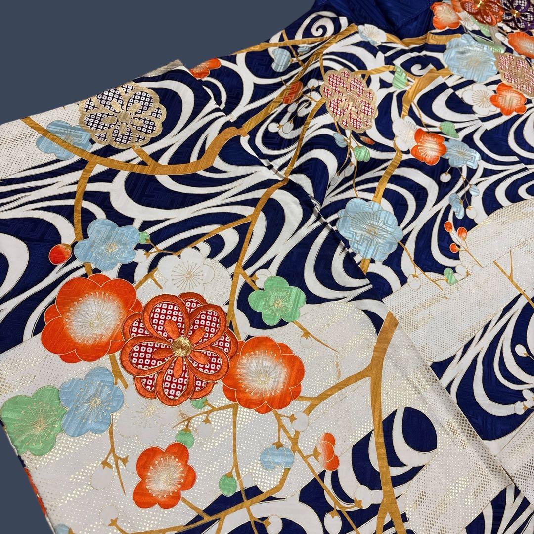 (え15) 蒼波に綴る祝い花 手刺繍映える アンティーク振袖コーデ㊗️②点セット