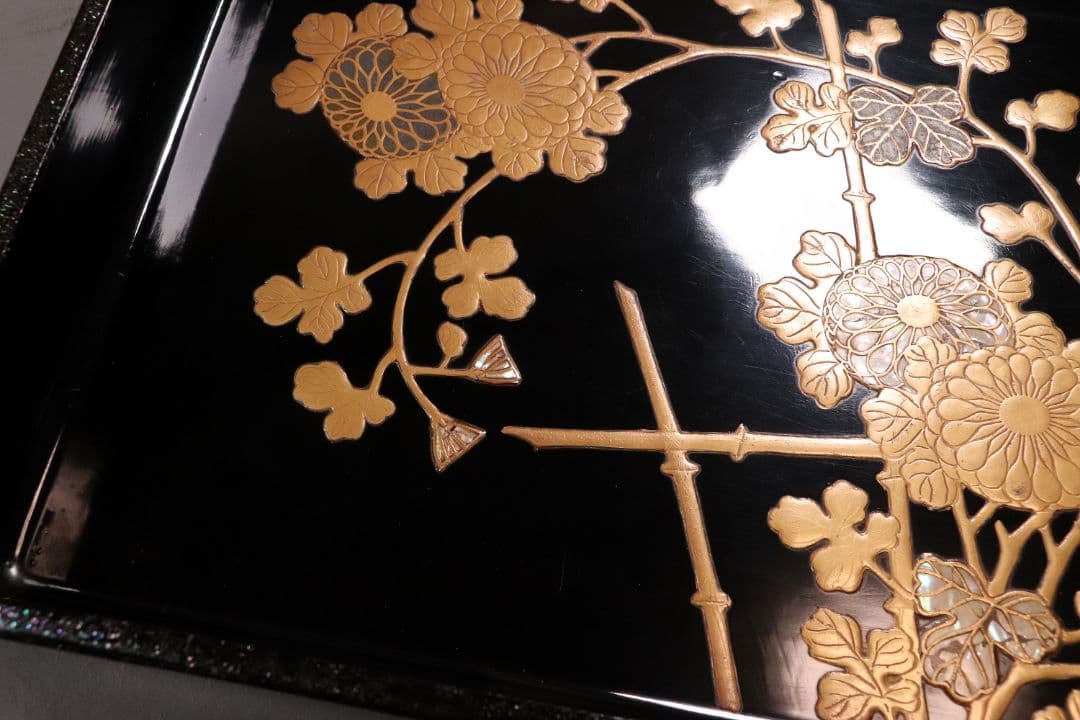 時代 光琳蒔絵 脇取盆 二枚 螺鈿 菊 金銀蒔絵 長方盆 広蓋 黒塗 MA404