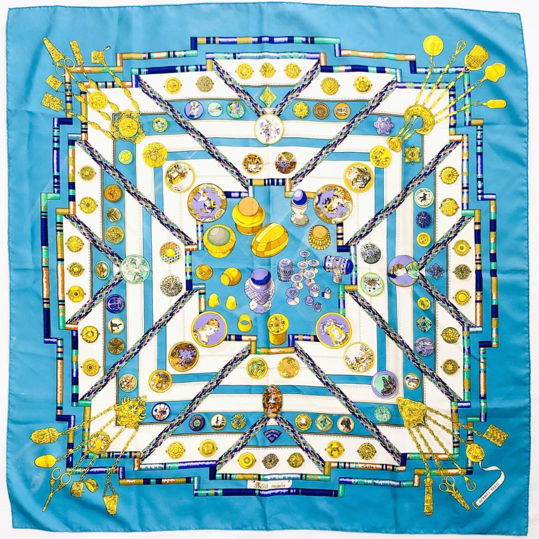 HERMES エルメス カレ90 お針子さん スカーフ ブルー系 タグなし