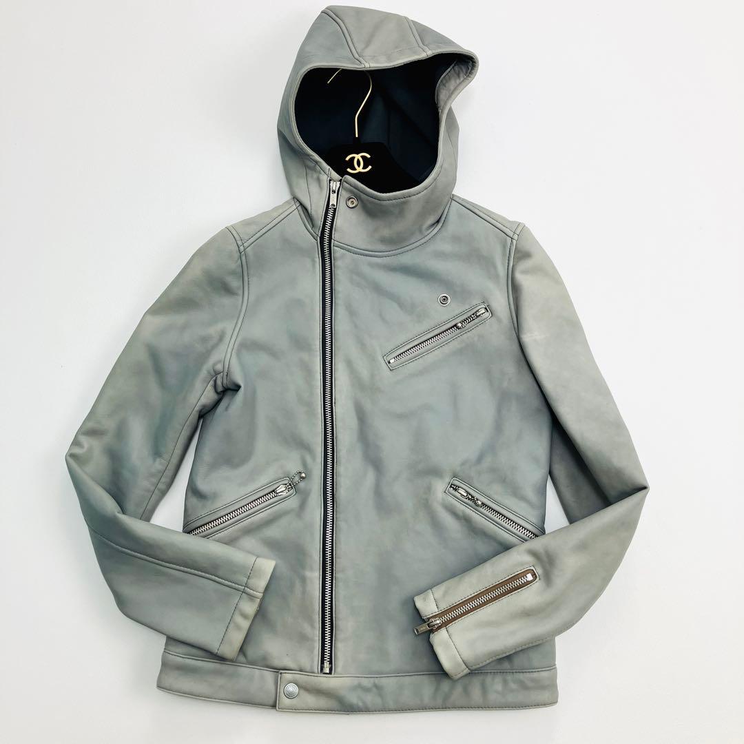 希少　ヒステリックグラマー　レザーパーカー　ライダース　ラムレザー　ライトグレー