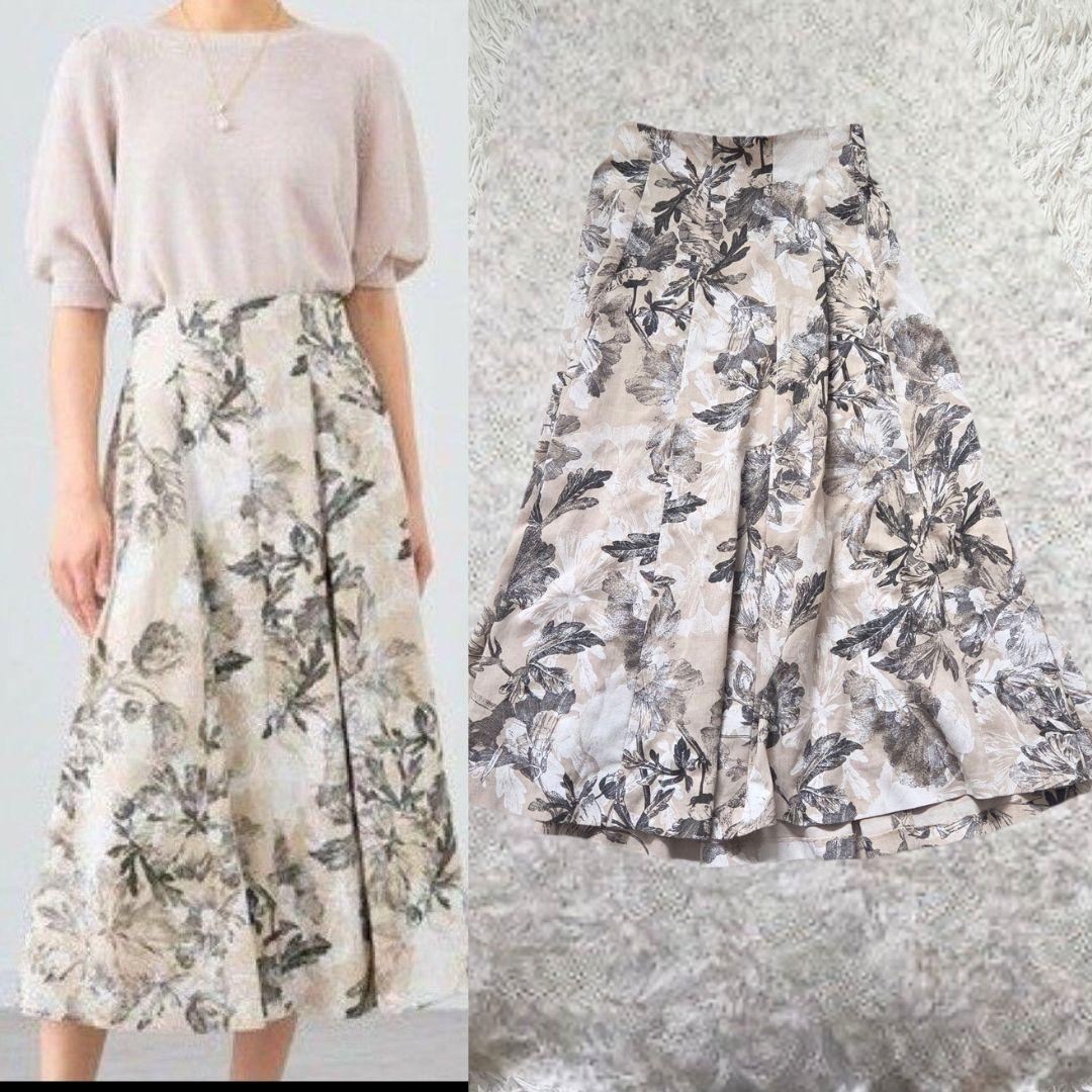 ANAYI リネンポリフラワー フレアスカート ジャガード　ロング　アナイ