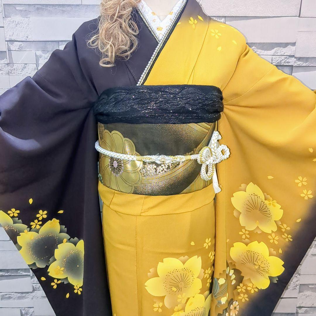 正絹振袖 舞桜文 暈し染 金彩 振袖セット 振袖フルセット カラシ色×黒茶 75