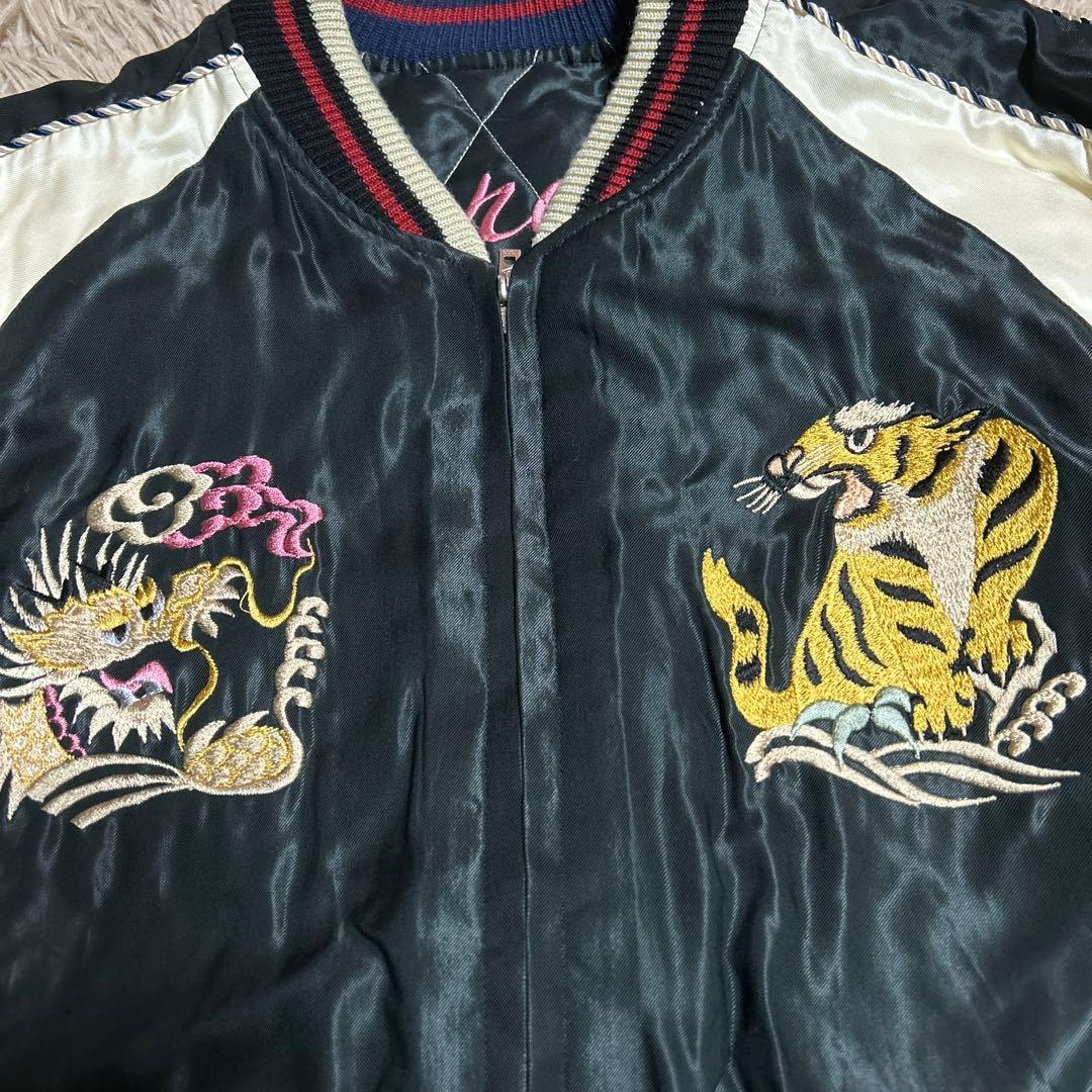 テーラー東洋スカジャンLブラックxピンク虎xドラゴンx鷹ロカビリー キルティング