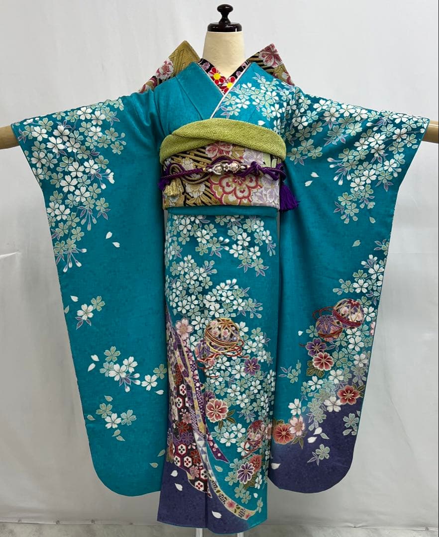 振り袖　フルセット　ブルー　長襦袢付　さくら　金彩加工　刺繍入り　533