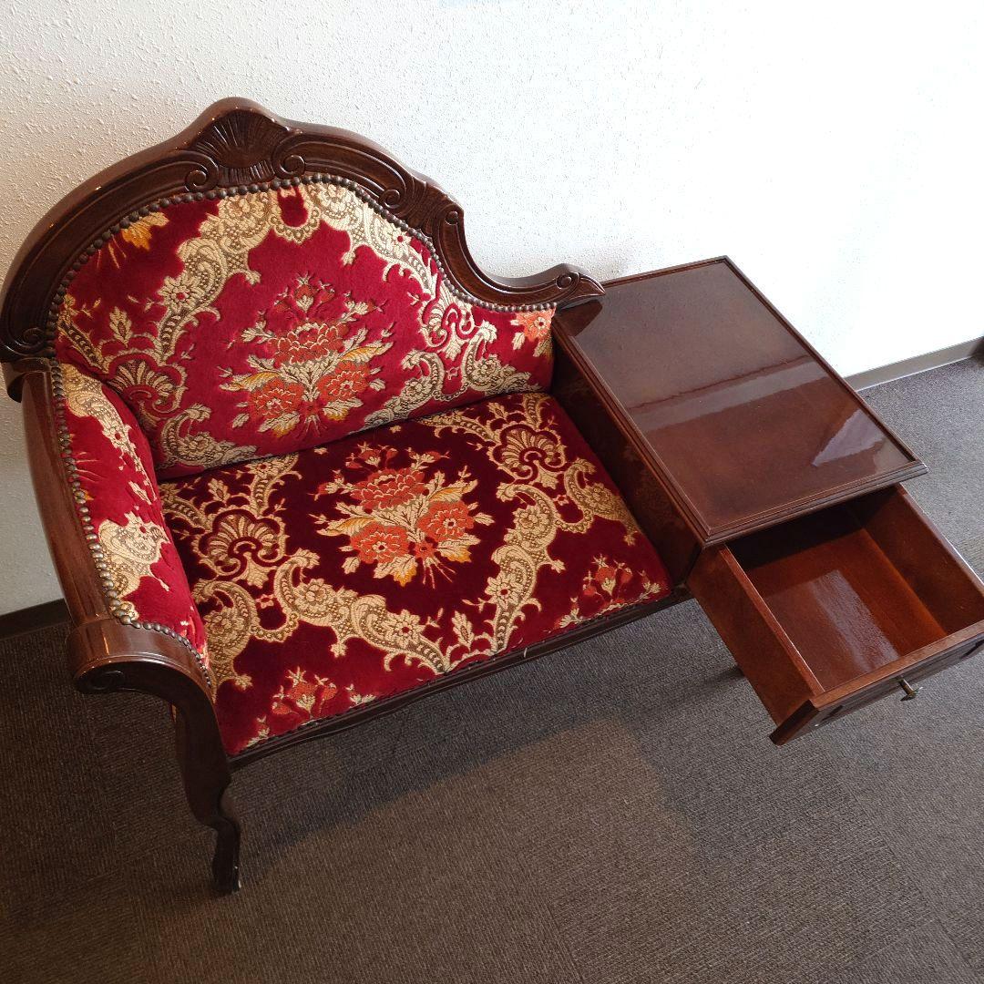 イタリア製　金華山織り　Rosso　テレフォンベンチ　猫脚　クラシックスタイル