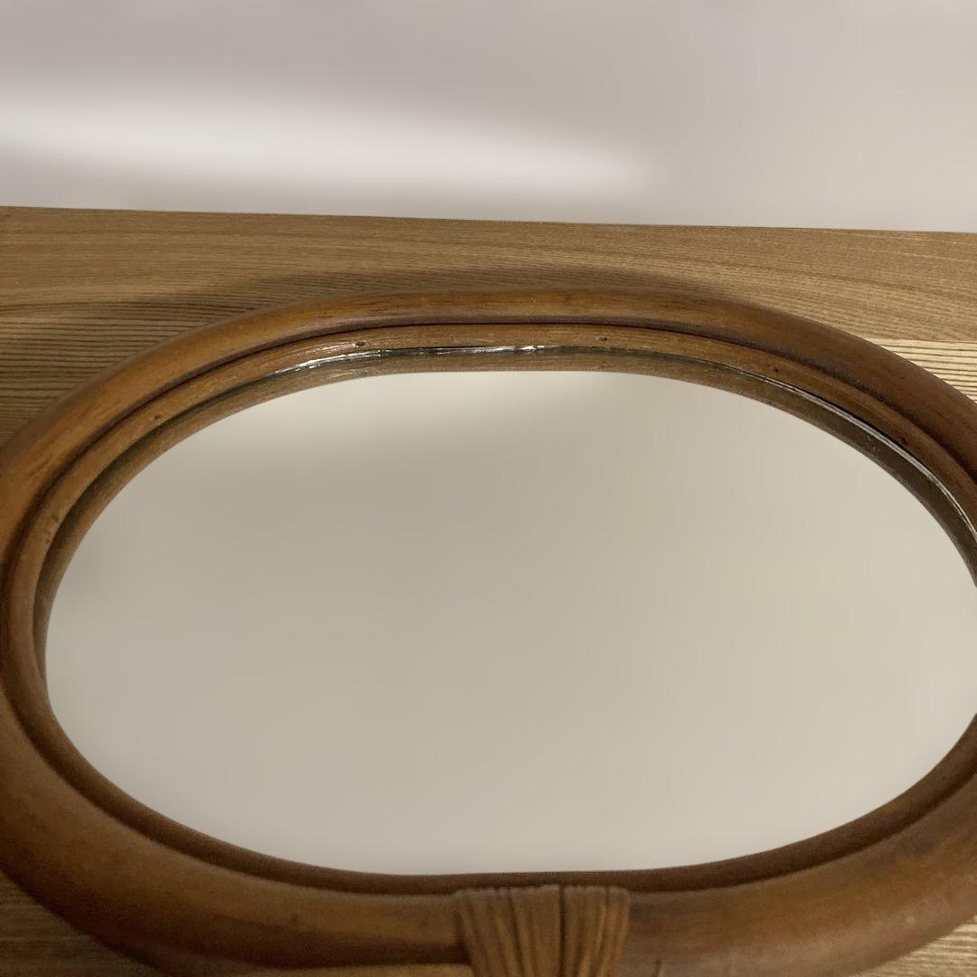1970 .1980年代アップルラタンミラー 籐　木製楕円形壁掛け鏡 ハンドル付