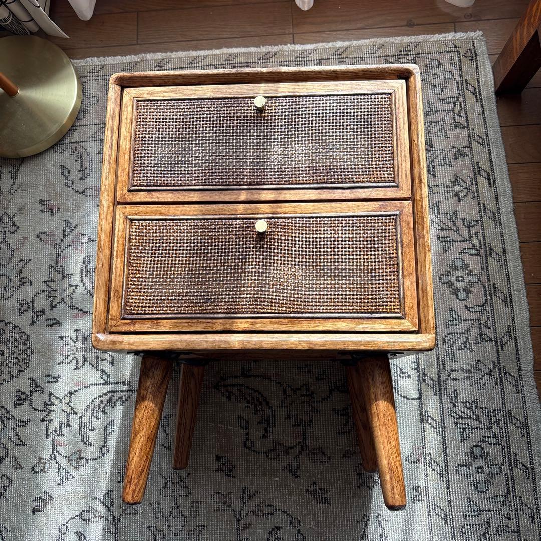 ヴィンテージ調 ラタン　木製サイドテーブル 2引き出し　ブラウン